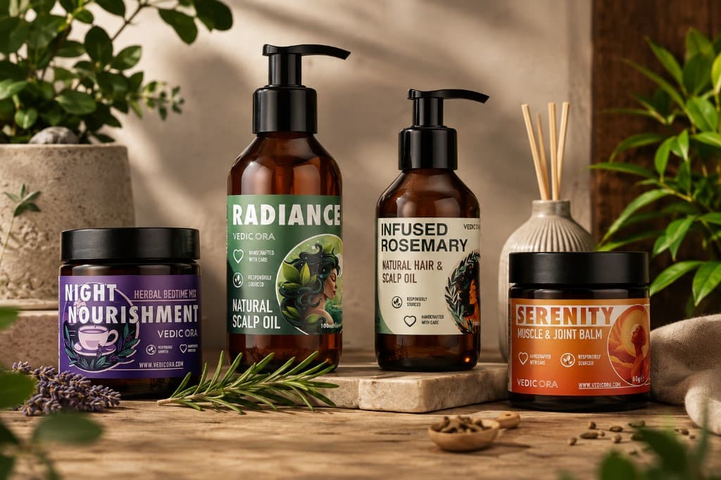 Vedic Ora product collection: Night Nourishment, Radiance, Infused Rosemary and Serenity
